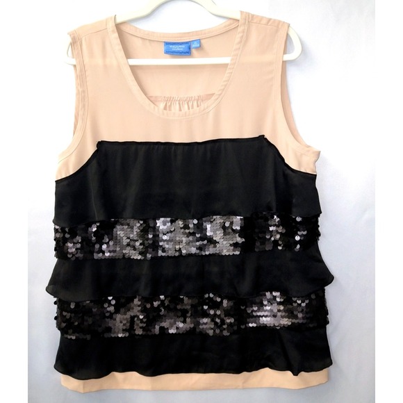 Vera Wang Tops - NWOT Vera Wang Nude Black Matt Sequin Ruffled Sleeveless Tank Top sz XL